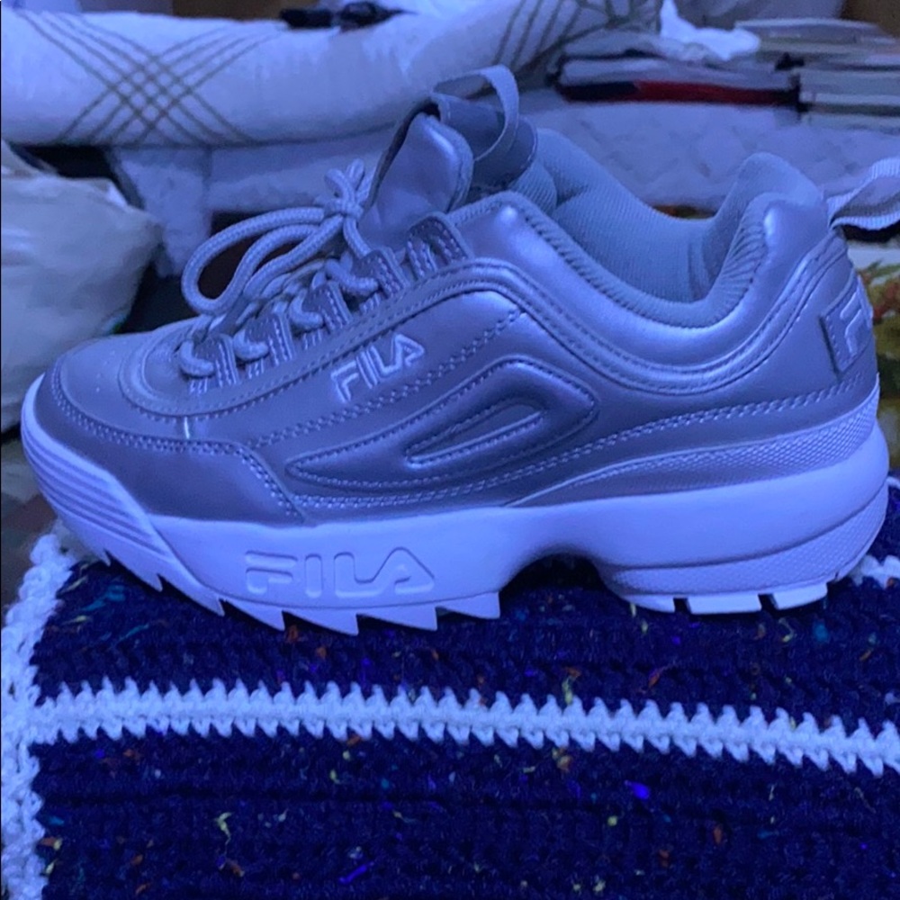 Metallic Silver Fila Disruptor